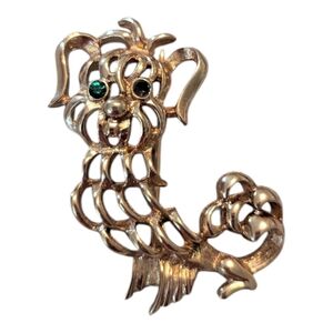VTG  1972 Avon Gold Tone Pekinese Dog Open Work Green Rhinestone Eyes Pin Brooch